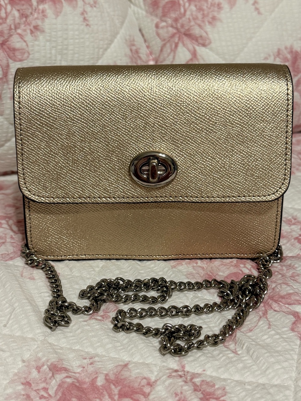Coach Bowery Crossbody Bag in Champagne Gold metallic crossgrain leather finish